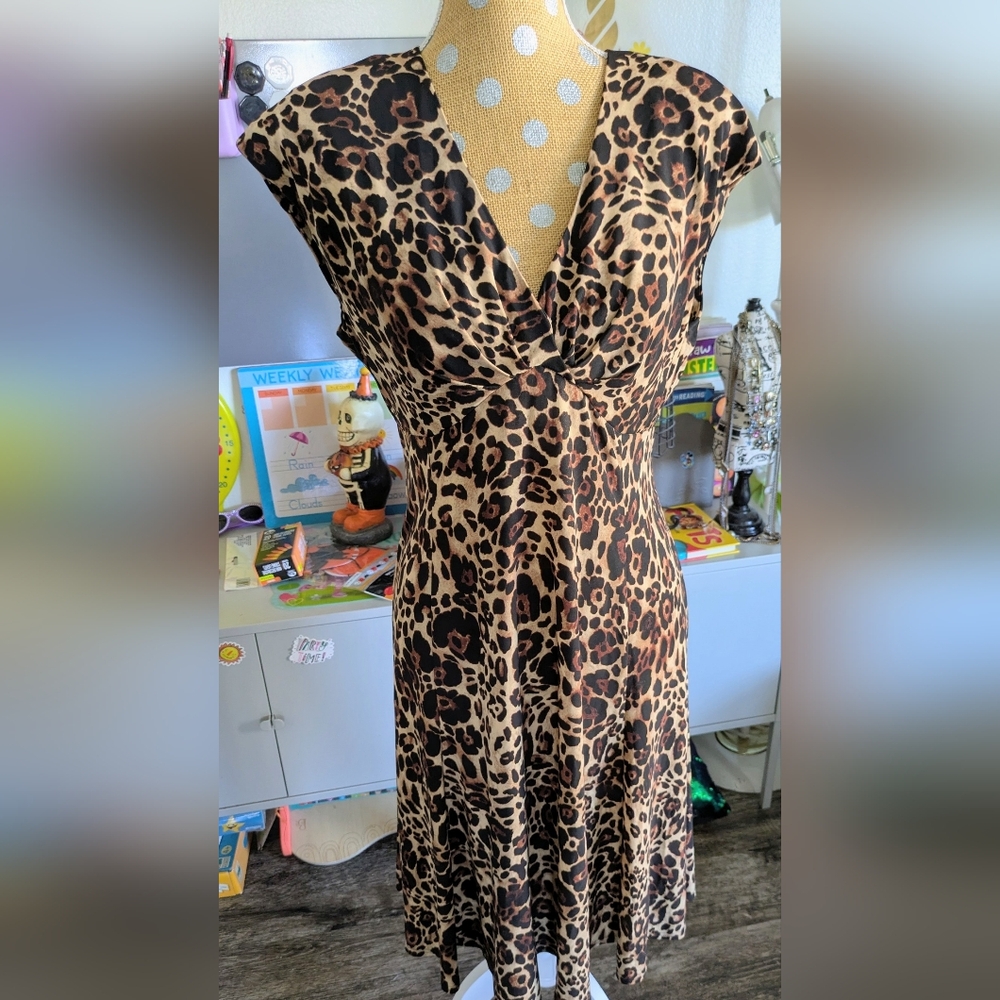 #BUNDLE Evan Picone Leopard V-Neck Dress Sz 14 Small Shoulder Pads, Knee-Length